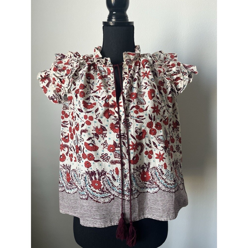 Kourt‎ Women's Tassel Tie Neck Flutter Sleeve Cotton Top Boho Floral  XS